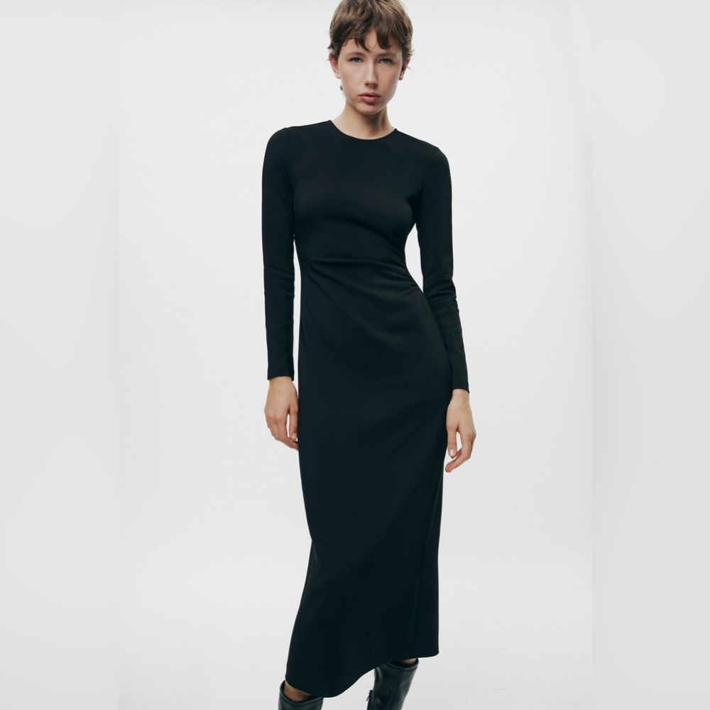 NWOT Zara Ruched Dress - Ribbed, L, BLACK